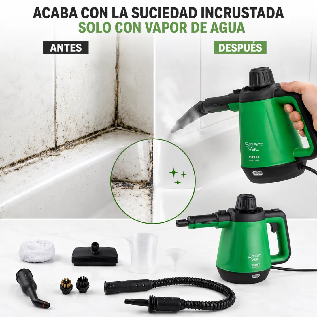 Creatividad de antes y después para ecommerce que presenta una limpiadora a vapor XSQUO aplicada sobre suciedad incrustada