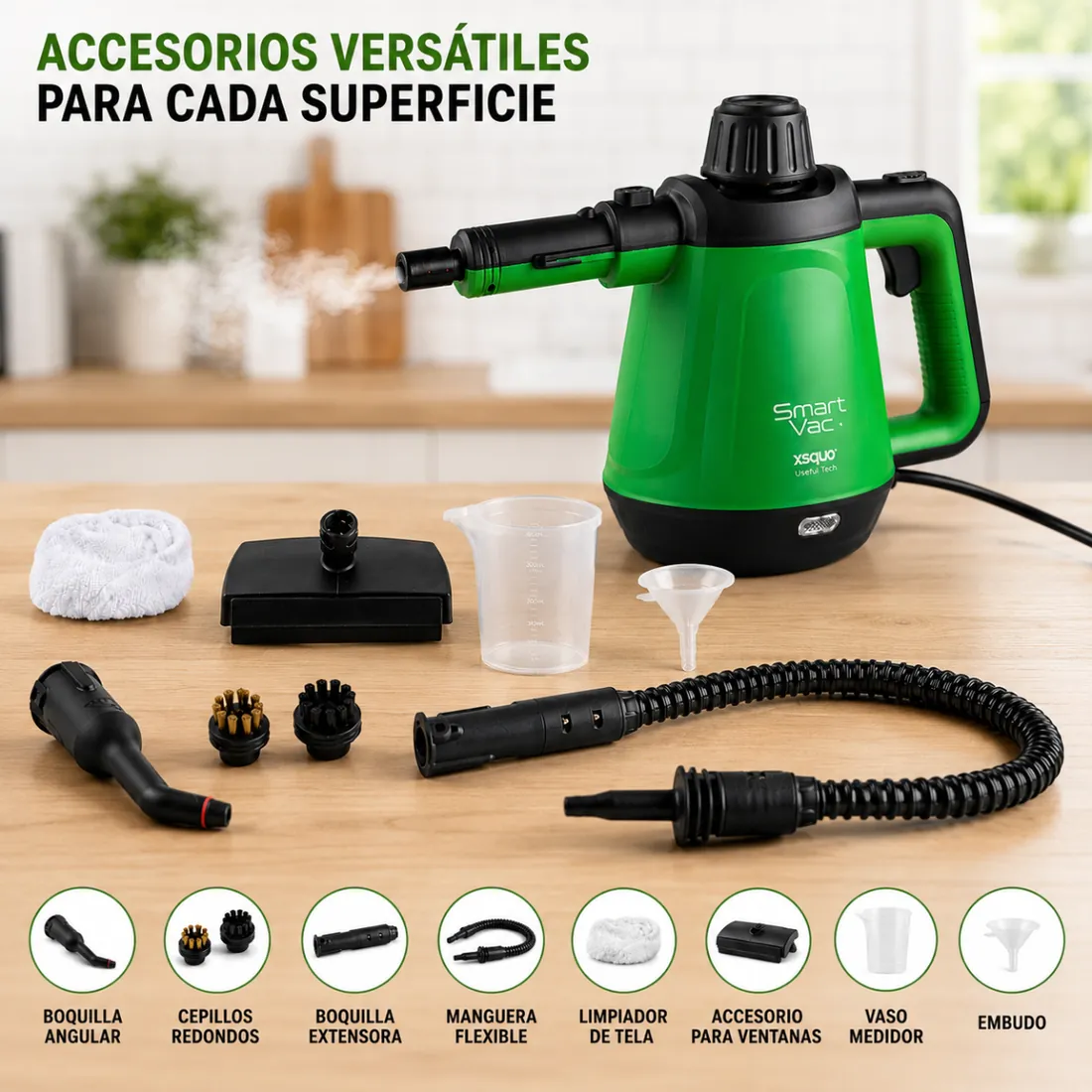 Creatividad para ecommerce que muestra la limpiadora a vapor XSQUO con sus ocho accesorios y la función de cada uno