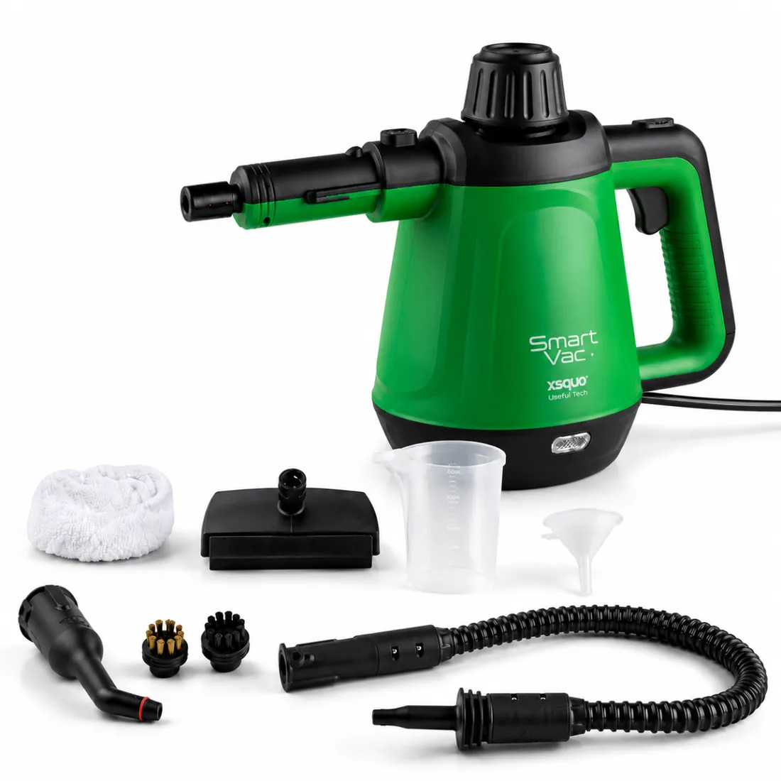 Imagen principal para Amazon de una limpiadora a vapor XSQUO acompañada de todos sus accesorios sobre fondo blanco