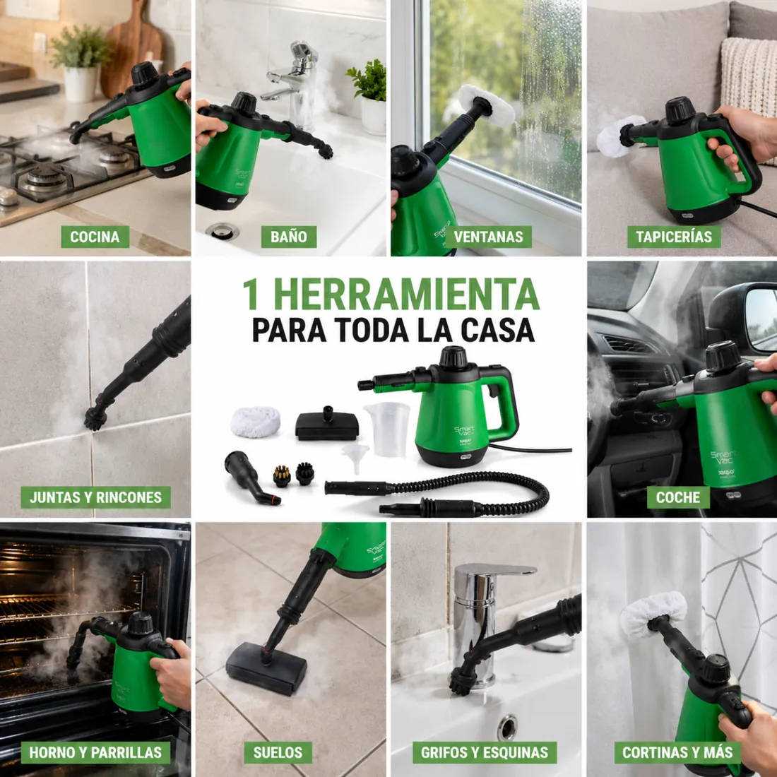 Composición para marketplace con distintos usos de una limpiadora a vapor XSQUO en cocina, baño, ventanas, tapicerías y coche